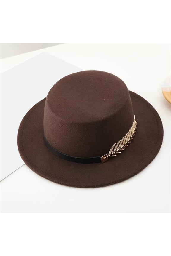 Classic Round Flat Top Hat for Men and Women, Solid Color Wool Felt Dress Hat, Wide Brim Formal Hat for Wedding, Church, Tea Party, and Special Events - Coffee