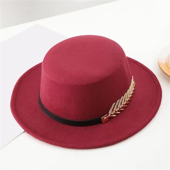 Classic Round Flat Top Hat for Men and Women, Solid Color Wool Felt Dress Hat, Wide Brim Formal Hat for Wedding, Church, Tea Party, and Special Events - Wine