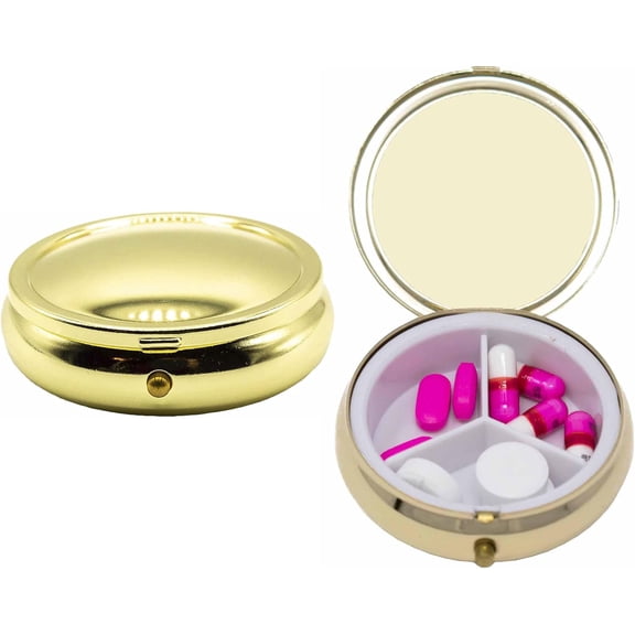 Set of 2 Circular Embossed Triple-Compartment Pocket Purse Pill Box & Organizer (Gold Curved)