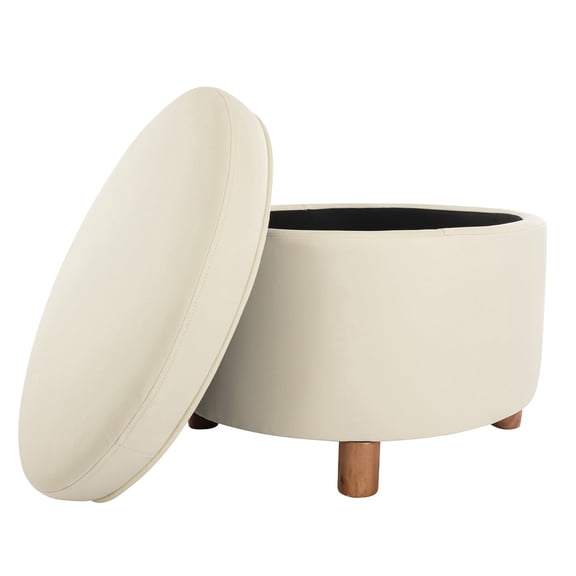 Classic Round Storage Ottoman Footstool with Removable Lid, Upholstered Faux Leather/Fabric, Wooden Legs for Living Room & Bedroom