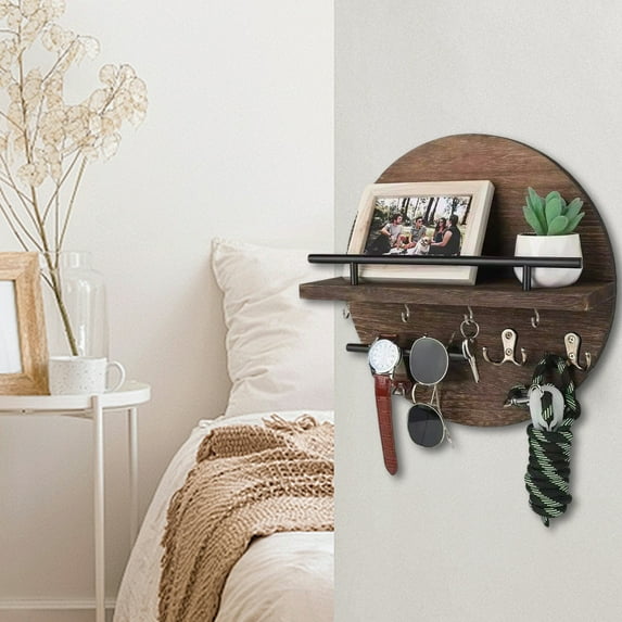 Classic Round Wooden Wall Shelf with Hooks | Brown Natural Wood Entryway Organizer for Keys & Sunglasses | 30x30cm Multi-Functional Decorative Storage Rack for Living Room & Hallway