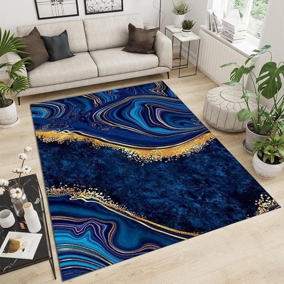 Classic Royal Blue Marble Area Rug, Luxurious Blue Gold Ink Texture Indoor Non-Slip Kids Rugs, Machine Breathable Durable Carpet For Living Room Bedroom Dining Room Office 1x2ft