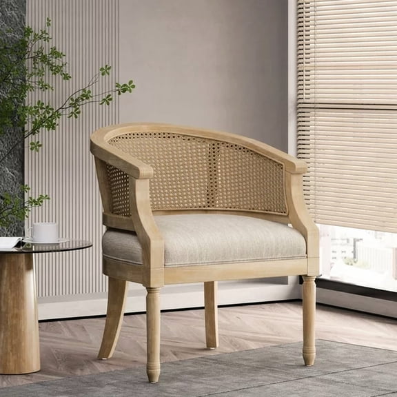 Classic Rubber Wood Accent Chair In Beige Natural With Upholstery Soft Cushions And Cane Webbing Seat Base