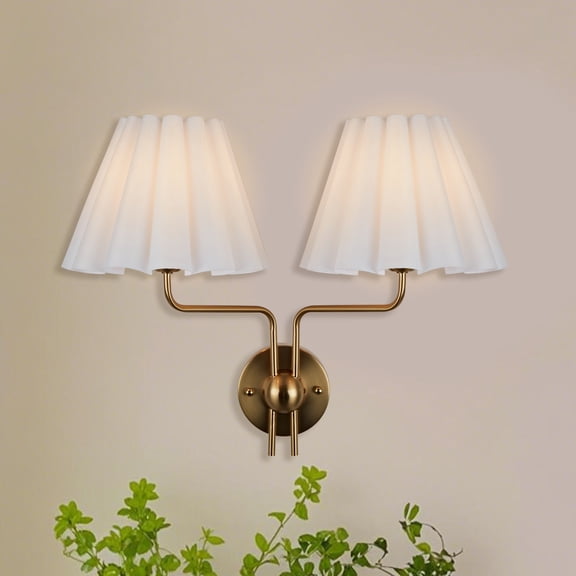 Classic Rustic Double Sconce 2-Lights Wall Sconce Lighting Fixture with Linen Pleated Shades and Brass Finished, Wall Sconce Light Fixture for Bathroom Bedroom