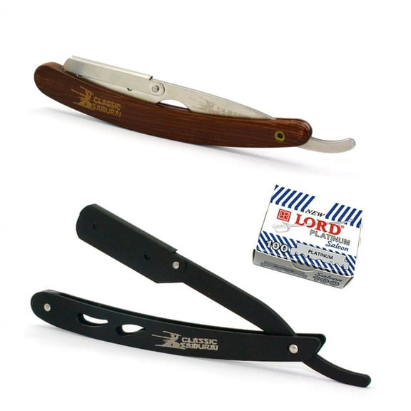 Classic Samurai CS-102 Matte Black + CS-101 Brown Professional Barber Straight Edge Shaving Razor 2 pcs for Men + 100 Lord Platinum single edge Razor Blades