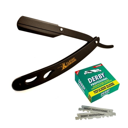 Classic Samurai CS-102 Matte Black Folding Straight Razor, Shavette with 100 Count Derby Single Edge Razor Blades