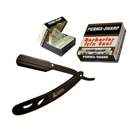 Classic Samurai CS-102 Matte Black Folding Straight Razor, Shavette with 100 Perma Sharp Single Edge Razor Blades