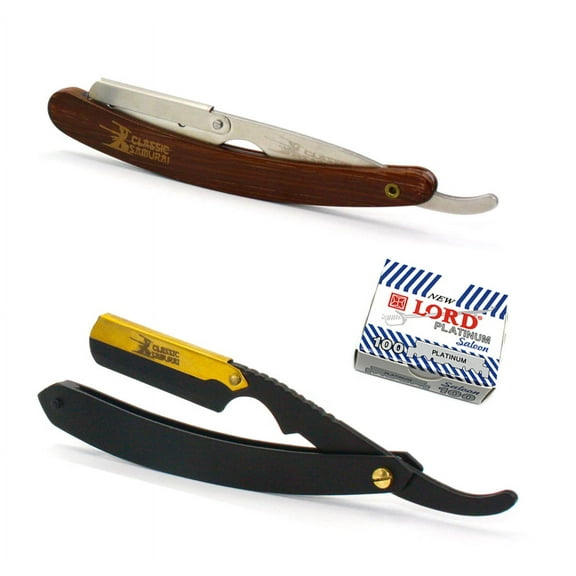 Classic Samurai CS-102 Matte Black Golden Head + CS-101 Brown Professional Barber Straight Edge Shaving Razor 2 pcs for Men + 100 Lord Platinum single edge Razor Blades