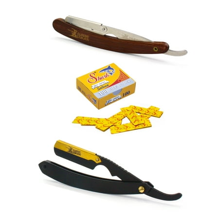 Classic Samurai CS-102 Matte Black Golden Head + CS-101 Brown Professional Barber Straight Edge Shaving Razor 2 pcs for Men + 100 Shark single edge Razor Blades