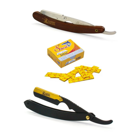 Classic Samurai CS-102 Matte Black Golden Head + CS-101 Brown Professional Barber Straight Edge Shaving Razor 2 pcs for Men + 100 Shark single edge Razor Blades