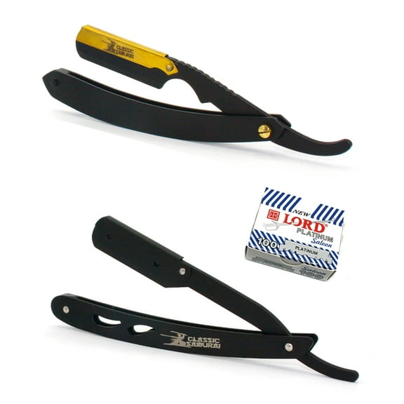 Classic Samurai CS-102 Matte Black Golden Head + CS-102 Matte Black Professional Barber Straight Edge Shaving Razor 2 pcs for Men + 100 Lord Platinum single edge Razor Blades