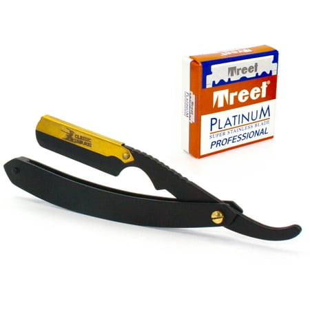 Classic Samurai CS-102 Matte Black Golden Head Stainless Steel Professional Barber Straight Edge Razor with 100 Treet Platinum Single Edge Razor Blades