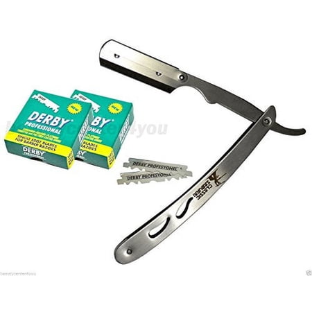 Classic Samurai CS-102 Stainless Steel Professional Barber Straight Edge Razor with 200 Derby Single Edge Razor Blades