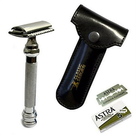 Classic Samurai CS-206 Heavy Duty "Barber Pole" Long Double Edge Safety Razor with Genuine Leather Shaving Travel/Protec