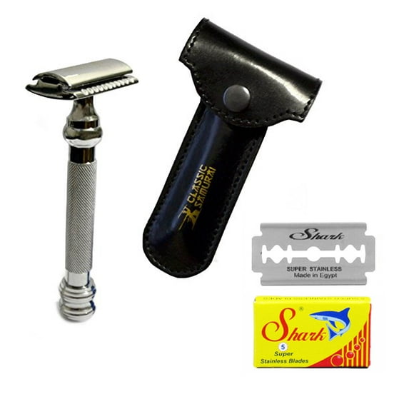 Classic Samurai CS-206 Heavy Duty "Barber Pole" Long Safety Razor with Genuine Leather Case & 5 Shark Double Edge Blades
