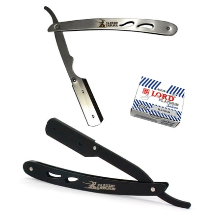 Classic Samurai CS102 + CS Matte Black Professional Barber Straight Edge Shaving Razor 2 pcs for Men + 100 Lord Platinum single edge Razor Blades