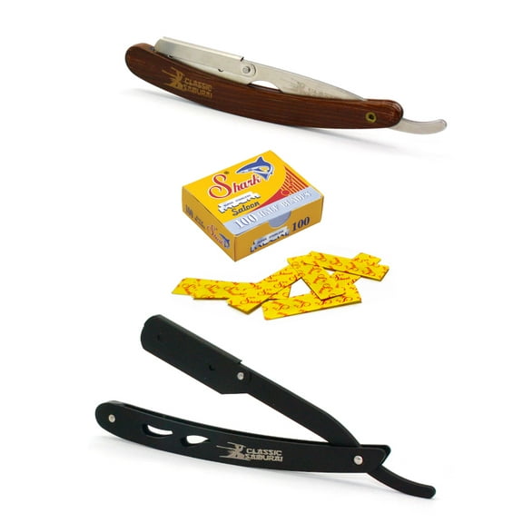 Classic Samurai CS102 Matte Black + CS101 Brown Professional Barber Straight Edge Shaving Razor 2 pcs for Men + 100 Shark single edge Razor Blades