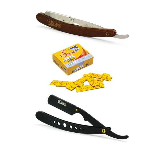 Classic Samurai CS102 Matte Black Wholes + CS101 Brown Professional Barber Straight Edge Shaving Razor 2 pcs for Men + 100 Shark single edge Razor Blades