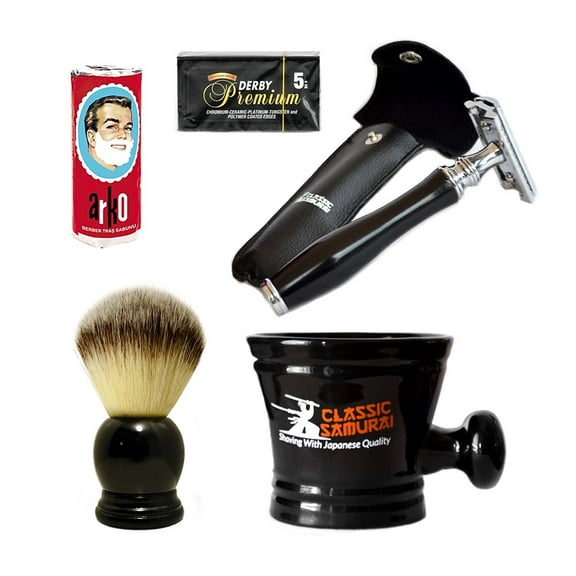 Classic Samurai Double Edge Safety Razor Set, 5 Derby Premium Blades, Synthetic Shaving Brush, Arko Soap & Porcelain Mug