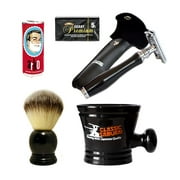Classic Samurai Double Edge Safety Razor Set, 5 Derby Premium Blades, Synthetic Shaving Brush, Arko Soap & Porcelain Mug