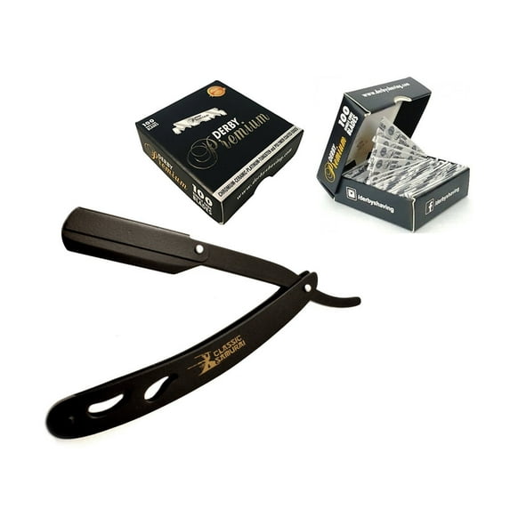 Classic Samurai Folding Straight Razor, Shavette with 100 Derby Premium Single Edge Razor Blades