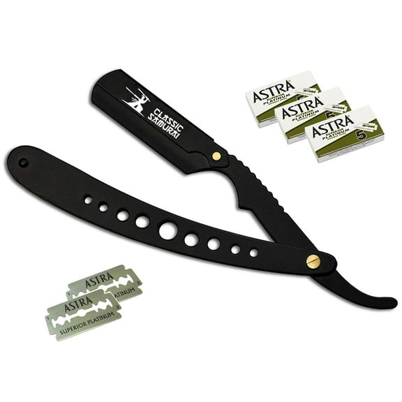 Classic Samurai Matte Black Folding Straight Razor, Shavette Manual Shaver Barber Salon with 15 Astra Double Edge Razor Blades