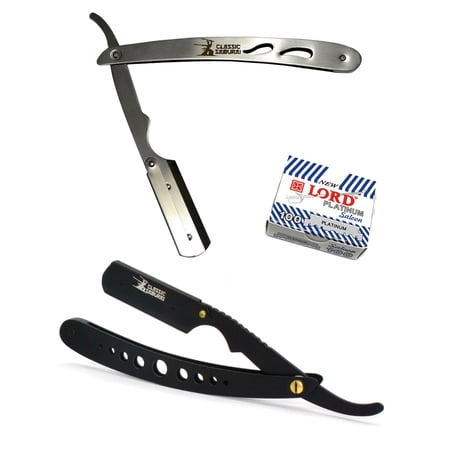 Classic Samurai Matte Black Wholes + CS-102 Professional Barber Straight Edge Shaving Razor 2 pcs for Men + 100 Lord Platinum single edge Razor Blades