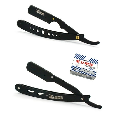 Classic Samurai Matte Black Wholes + CS Matte Black Professional Barber Straight Edge Shaving Razor 2 pcs for Men + 100 Lord Platinum single edge Razor Blades