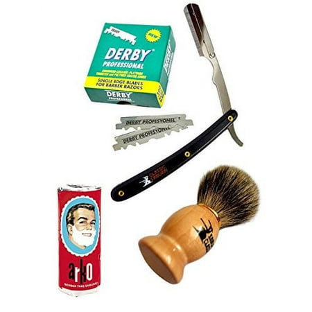 Classic Samurai Men's Premium Shaving Set with CS-101B Barber Straight Razor,Shavette,100 Derby Blades, Brush,Arko Soap