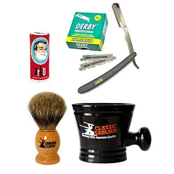 Classic Samurai Men's Shaving Set with CS-101G Barber Straight Razor, 100 Derby Blades, Brush, Arko Soap & Porcelain Mug
