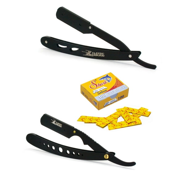 Classic Samurai New Ergonomic Design + CS Matte Black Professional Barber Straight Edge Shaving Razor 2 pcs for Men + 100 Shark single edge Razor Blades