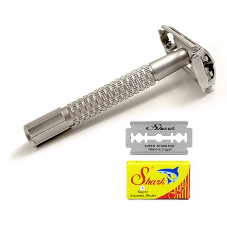 Classic Samurai Premium Butterfly Twist to Open Double Edge Safety Razor With 5 SHARK Double Edge Razor Blades