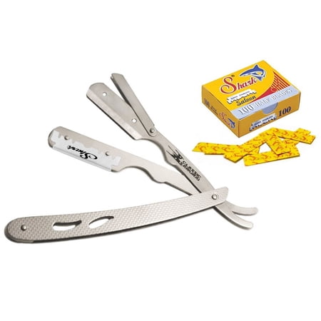 Classic Samurai Stainless Steel Folding Straight Shaving Razor, Shavette with 100 Shark Single Edge Razor Blades