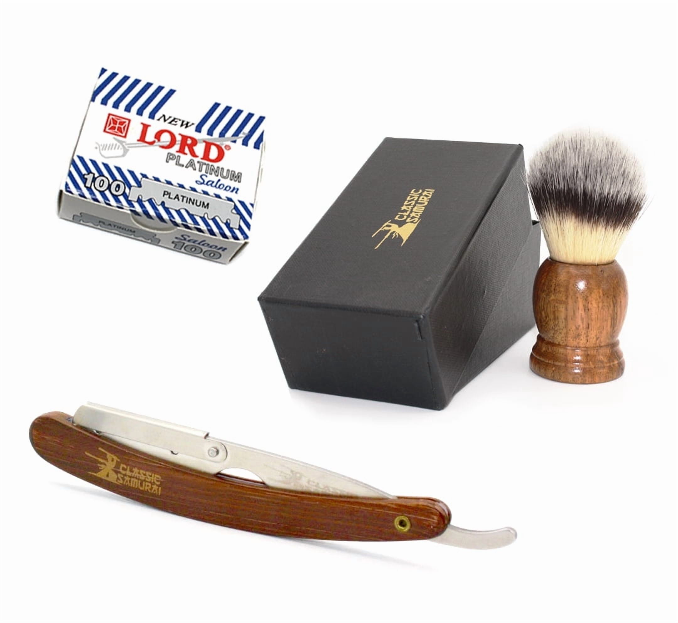 Classic Samurai Stainless Steel Men Shaving Set with CS-101 Brown Professional Barber Straight Edge Razor with 100 Lord Platinum Edge Razor Blades, Shaving Brush
