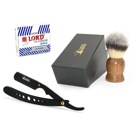 Classic Samurai Stainless Steel Men Shaving Set with CS-102 Matte Black Wholes Professional Barber Straight Edge Razor with 100 Lord Platinum Edge Razor Blades, Shaving Brush