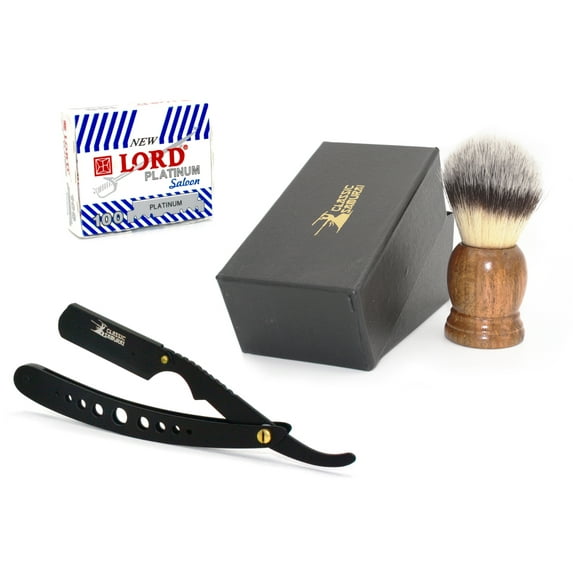 Classic Samurai Stainless Steel Men Shaving Set with CS-102 Matte Black Wholes Professional Barber Straight Edge Razor with 100 Lord Platinum Edge Razor Blades, Shaving Brush