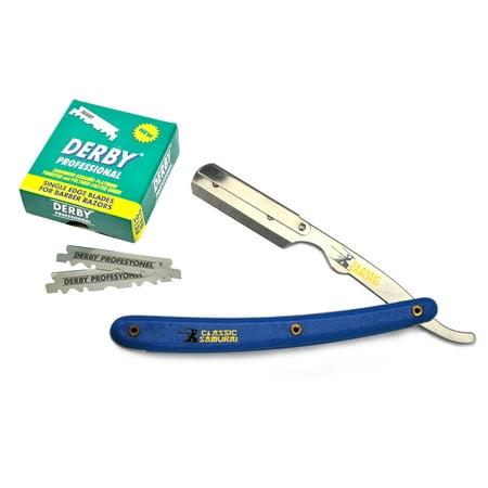 Classic Samurai Stainless Steel Professional Barber Straight Edge Razor with 100 Count Derby Single Edge Razor Blades (B