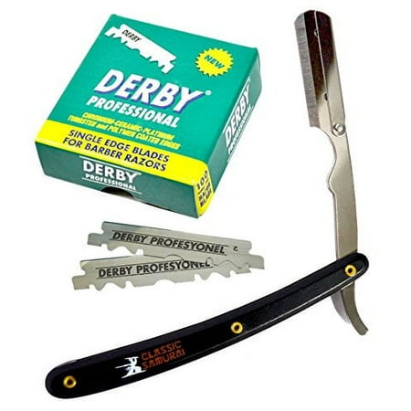 Classic Samurai Stainless Steel Professional Barber Straight Edge Razor with 100 Derby Single Edge Razor Blades (Black)