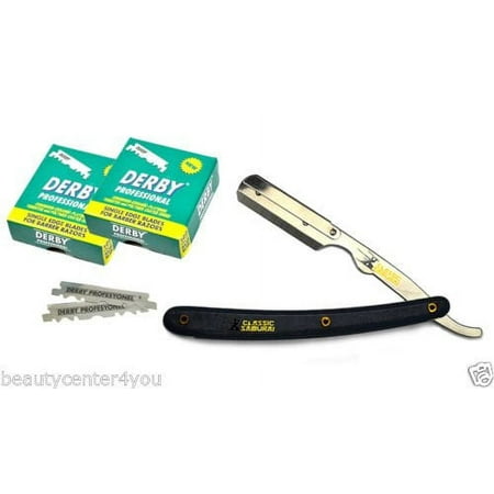 Classic Samurai Stainless Steel Professional Barber Straight Edge Razor with 200 Derby Single Edge Razor Blades (Black)