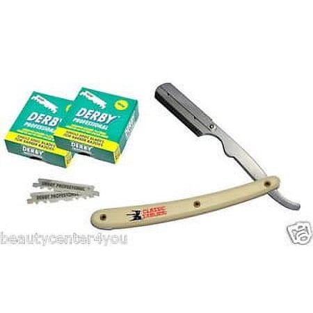 Classic Samurai Stainless Steel Professional Barber Straight Edge Razor with 200 Derby Single Edge Razor Blades (Cream)