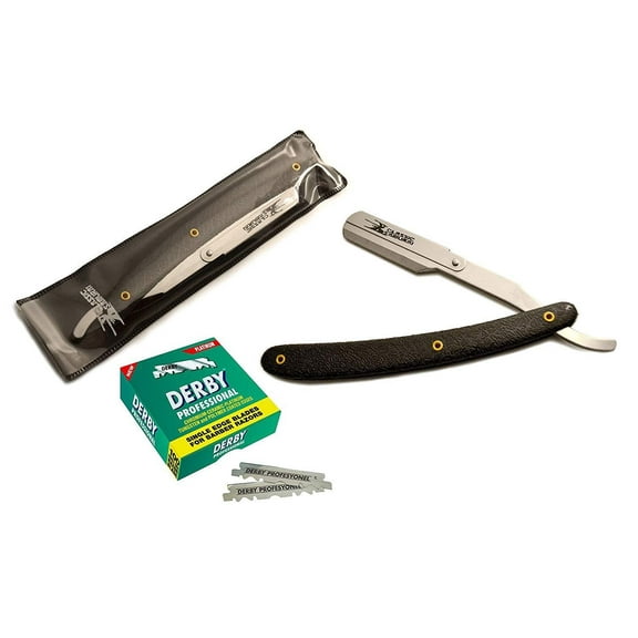 Classic Samurai Stainless Steel Professional Barber Straight Razor with 100 Derby Single Razor Blades (Black W/Pattern)