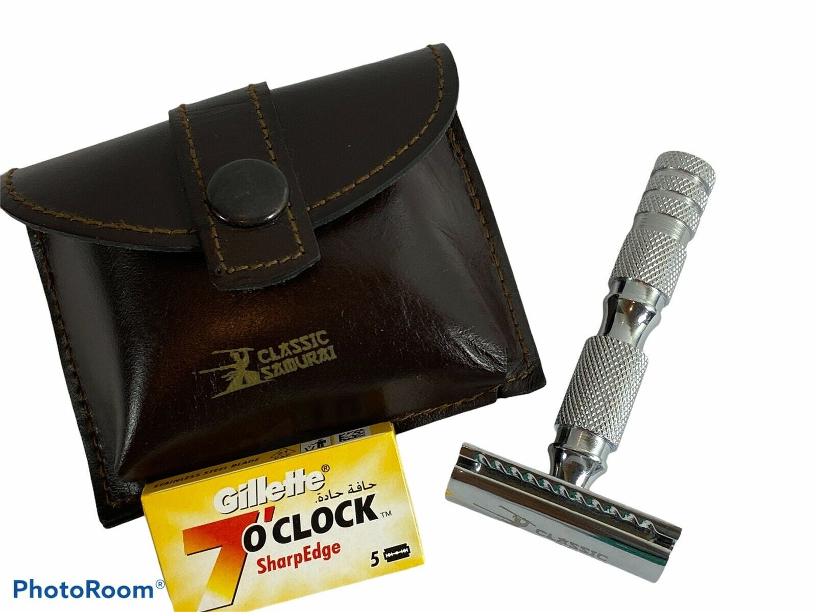 Classic Samurai Travel Double Edge Safety Razor Chrome Plated with Genuine Leather Case and 5 Blades Pack