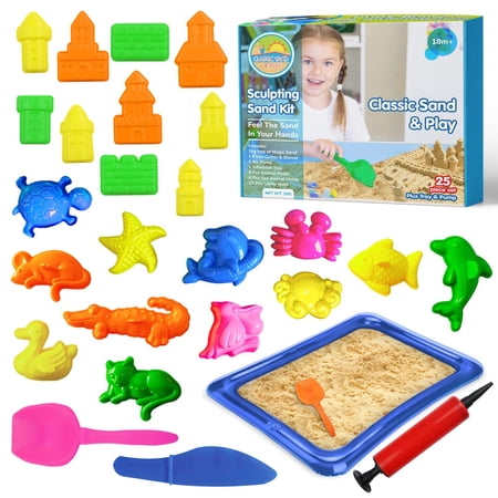 Classic Sand & Play Sculpting Play Sand for Kids, 25 Pc Kit, Natural Colored Sand with Plastic Beach Toys