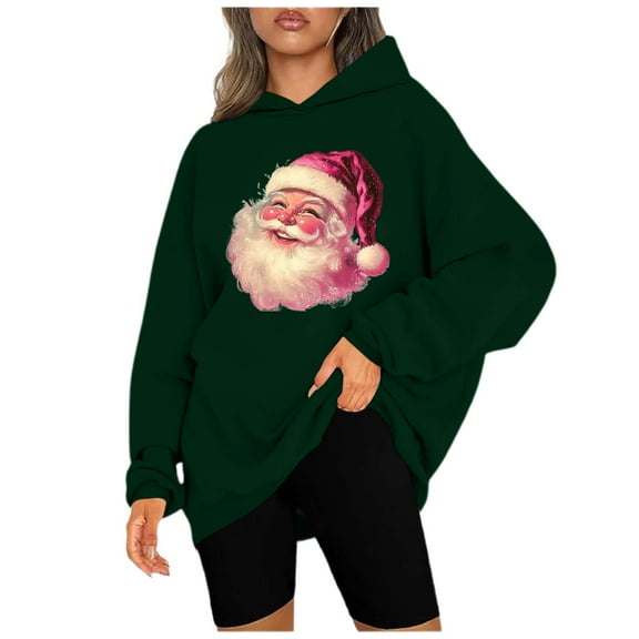 Classic Santa Print Women's Hoodie Festive Holiday Sweatshirt Cozy Christmas Pullover Warm Casual Winter Top