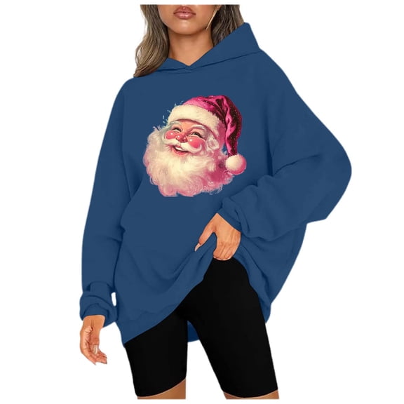 Classic Santa Print Women's Hoodie Festive Holiday Sweatshirt Cozy Christmas Pullover Warm Casual Winter Top