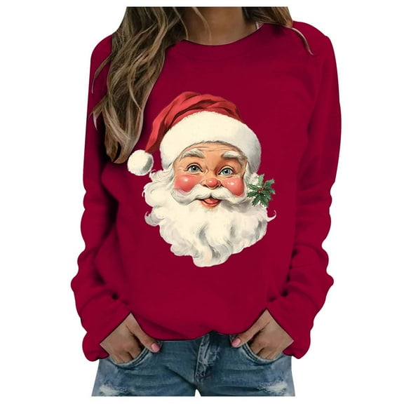 Classic Santa Print Women's Hoodless Sweatshirt Round Neck Long Sleeve Casual Pullover Soft Comfortable Winter Tops