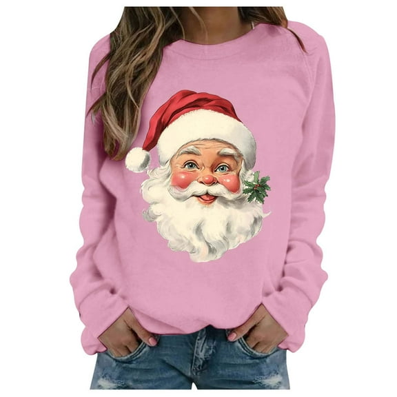 Classic Santa Print Women's Hoodless Sweatshirt Round Neck Long Sleeve Casual Pullover Soft Comfortable Winter Tops
