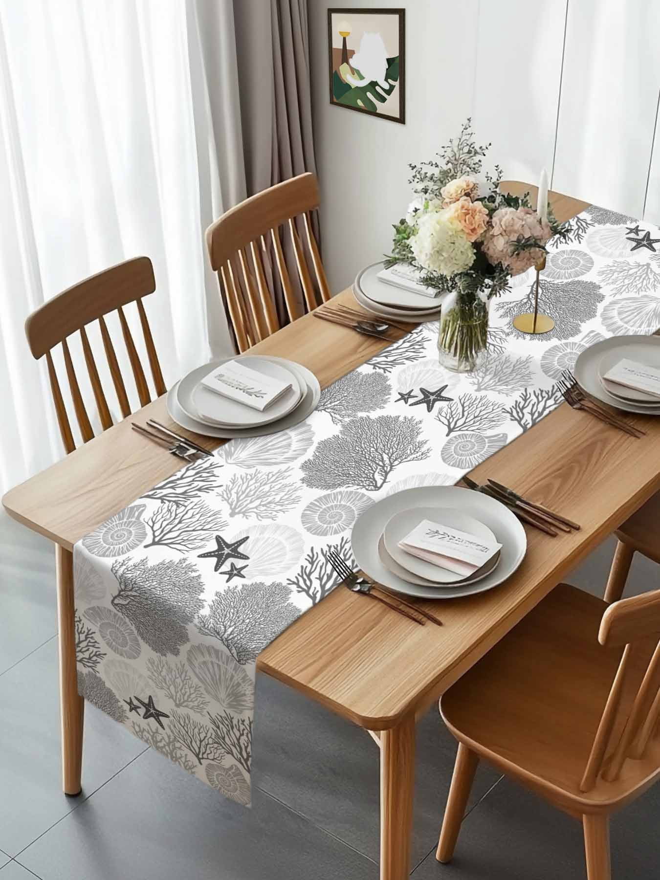 Classic Sea Grey Coral Table Runner 90 Inches Long, Abstract Marine Life Scenery Table Runners Tabletop Scarf Kitchen Dining Tables Decoration for Home Party Indoor Outdoor
