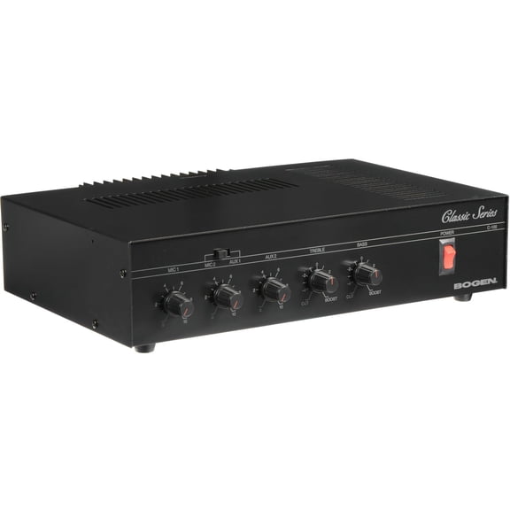 Bogen C100 Public Address Mixer Amplifier, 100 Watts, 4 Input Mixer Amp, 70V/25V 16 Ohm Speaker Outputs, Treble and Bass Controls, Thermal Protection and Electronic Shutdown, Rack Mountable