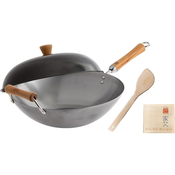 Classic Series 14-Inch Uncoated Carbon Steel Wok Set with Lid and Birch Handles 4 Pieces